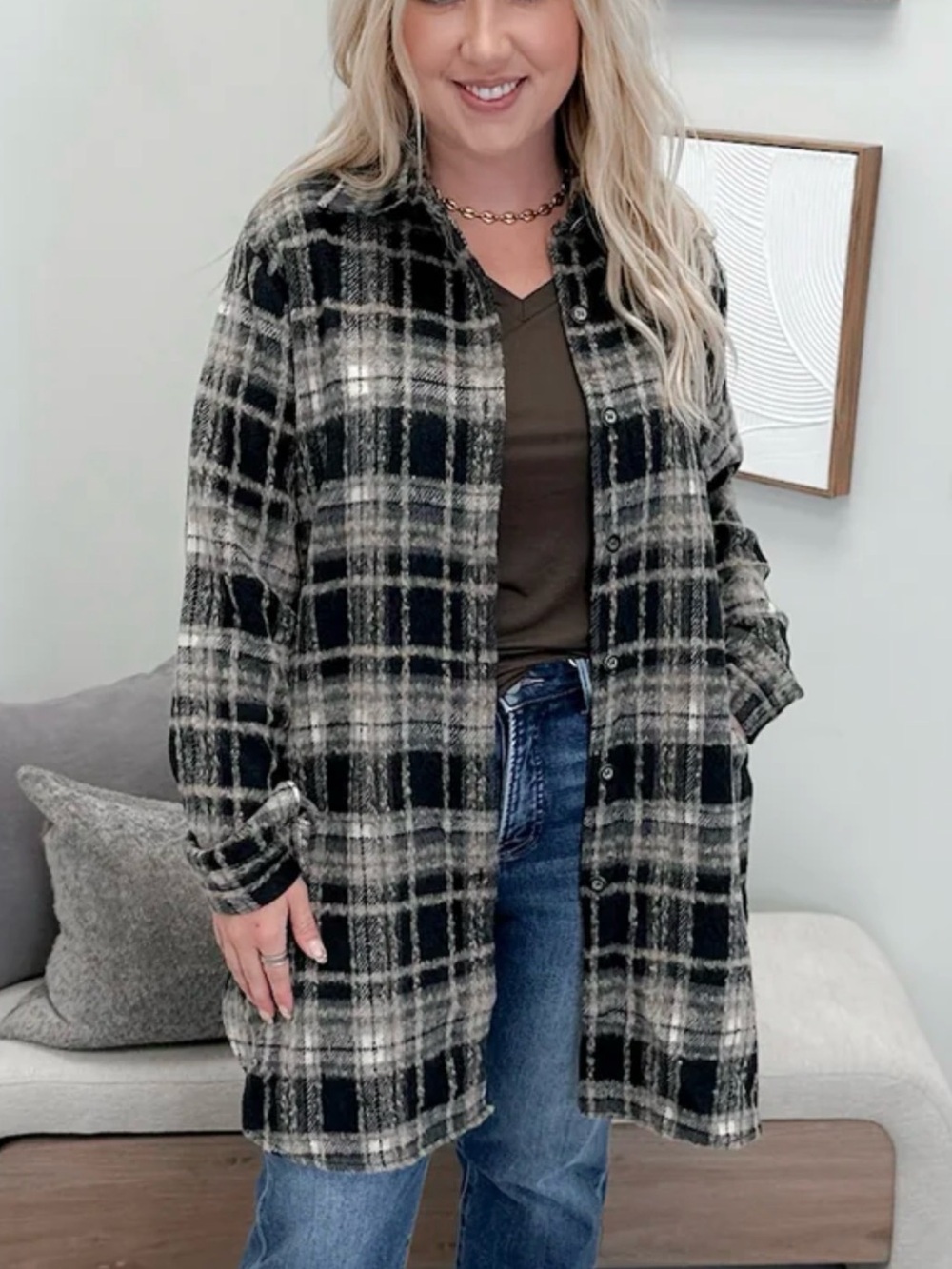 Plaid Button-Up Shacket in Black and Cream